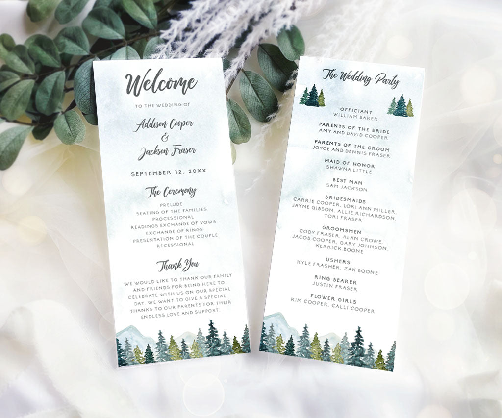 Rustic forest pines and mountains double sided wedding program.