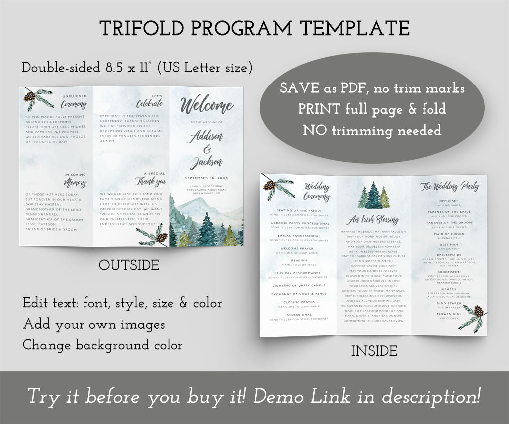 Rustic forest and mountains trifold wedding program editable template.