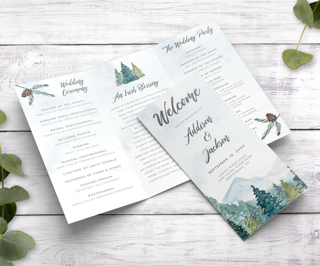 Rustic forest and mountains trifold wedding program.