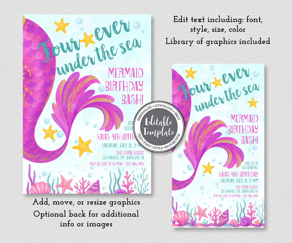 Four-ever under the sea mermaid birthday invitation and evite editable templates.