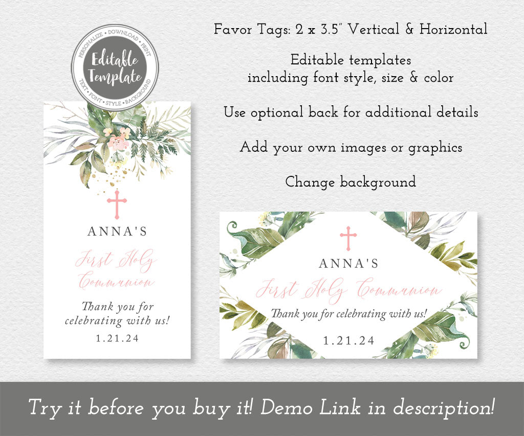Botanical greenery first communion favor tag templates.