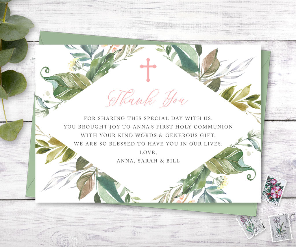 Greenery first communion flat thank you card.
