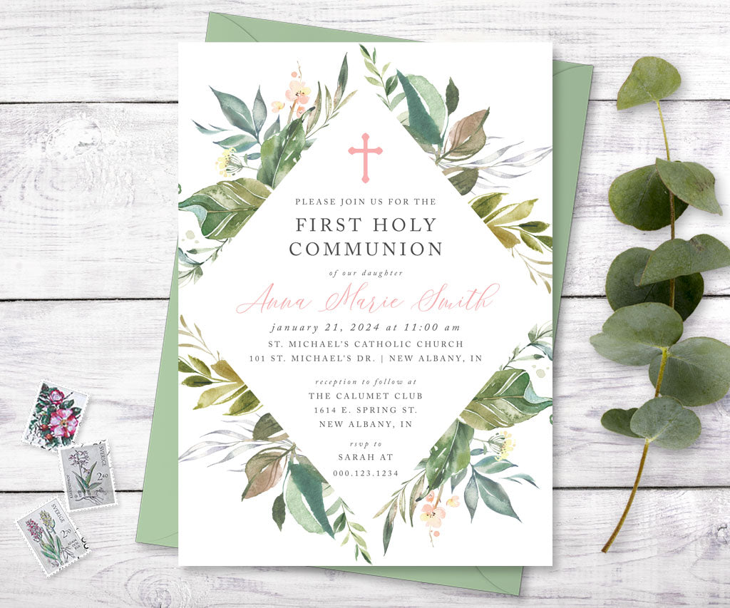 Botanical greenery first communion invitation.
