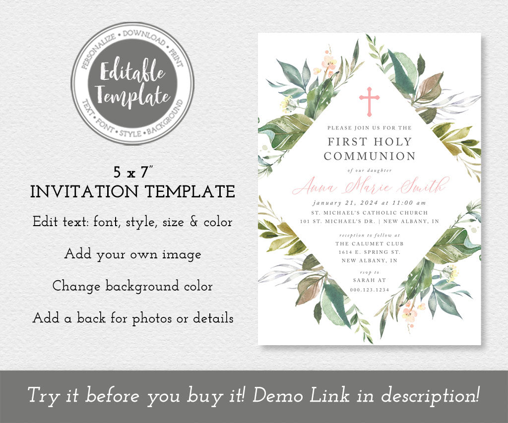 Botanical greenery first communion invitation template.