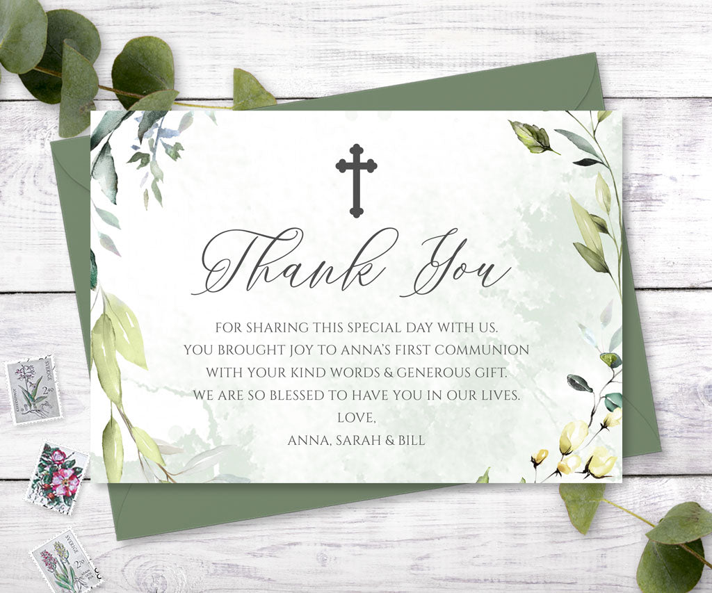 Greenery first communion thank you card.