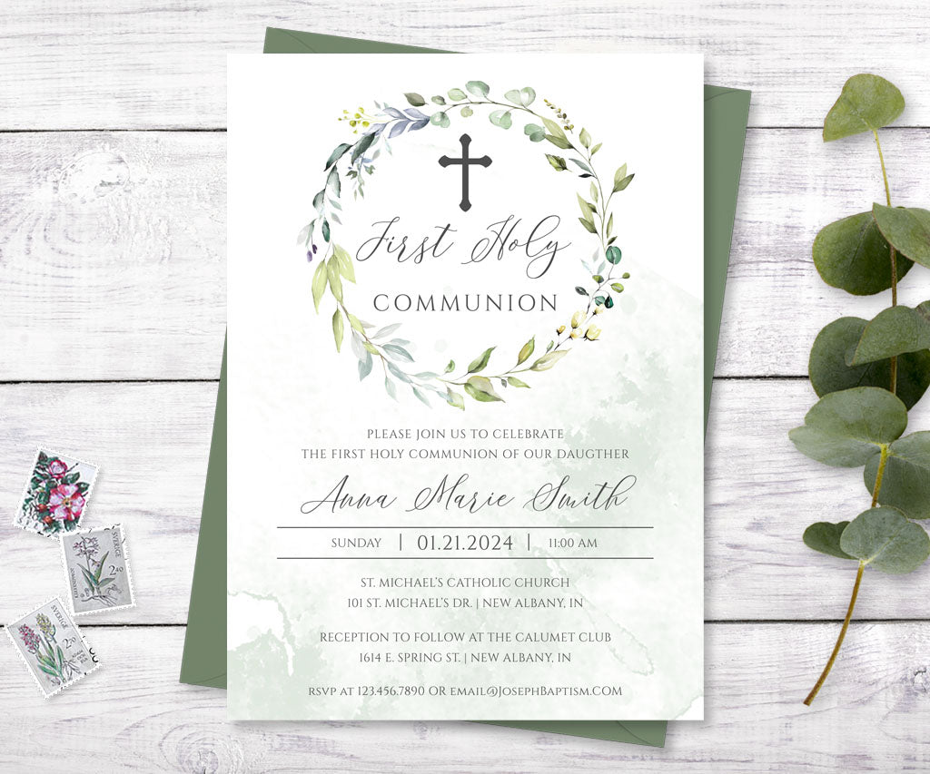 Greenery first holy communion invitation.