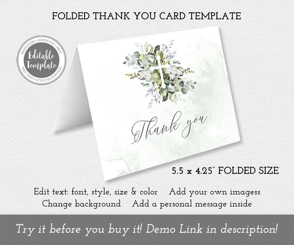 Greenery folded baptism or first communion thank you card template.