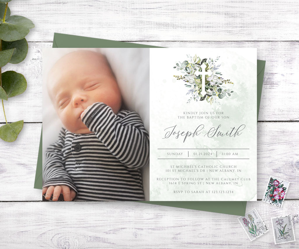 Watercolor greenery photo baptism or christening invitation.