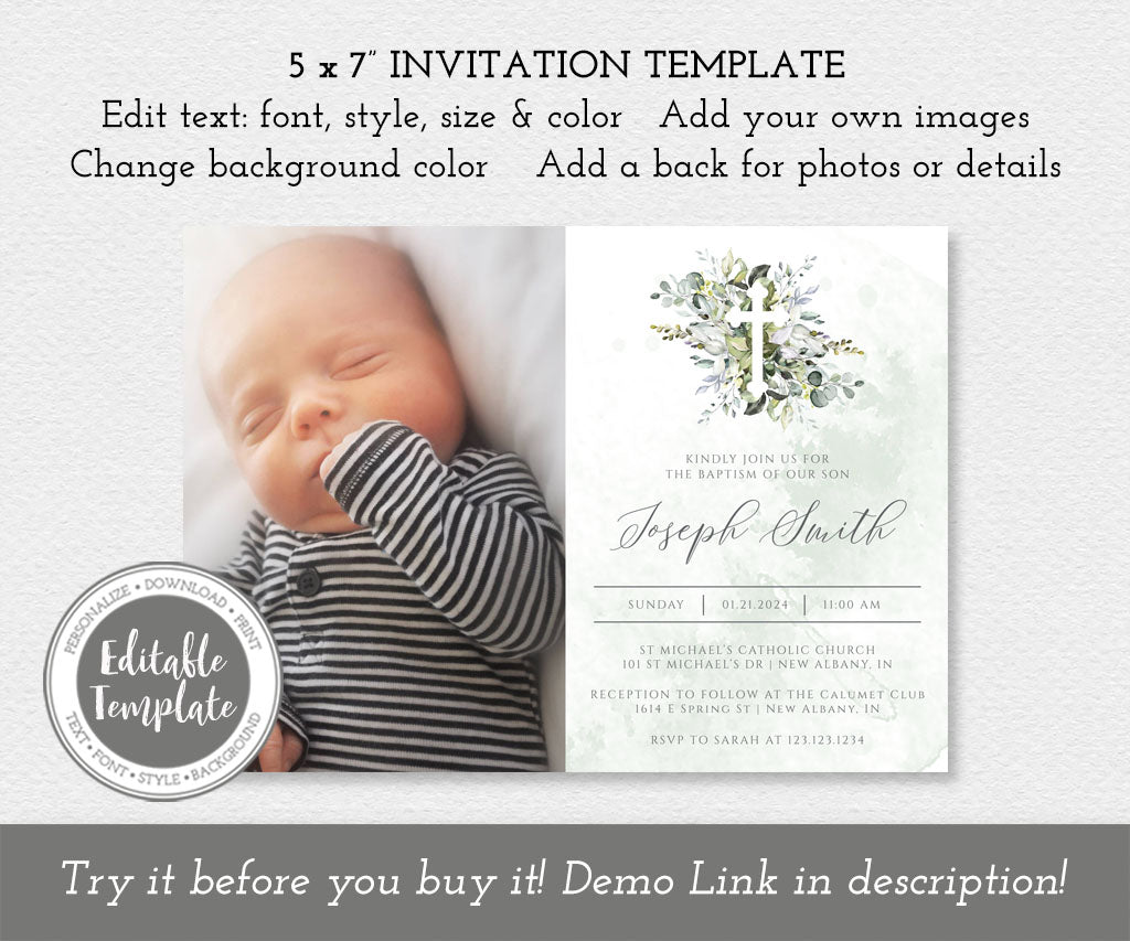 Watercolor greenery photo baptism or christening invitation template for boy or girl.