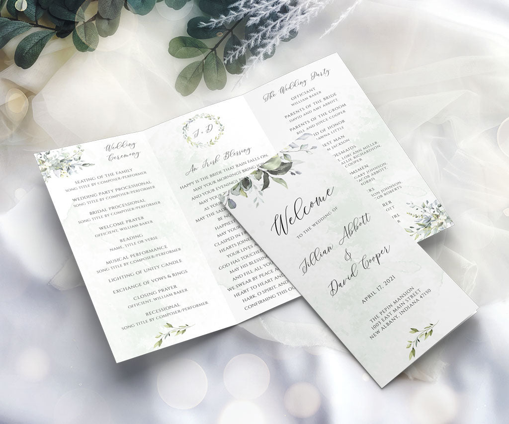 Greenery trifold wedding program.