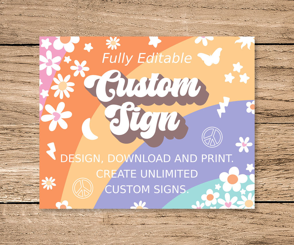 Groovy stripes birthday party custom sign, 10 x 8" landscape.