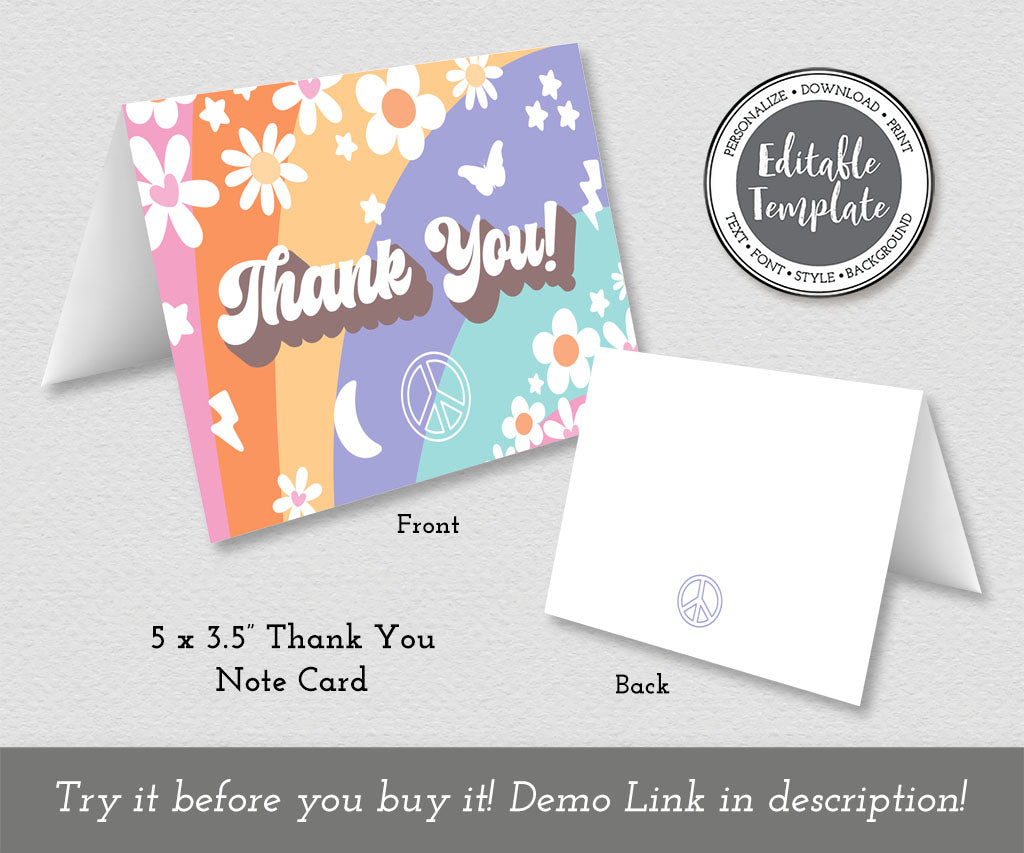 Groovy birthday party folded thank you card template with colorful stripes, fun flowers and 70's icons with a hippie vibe.