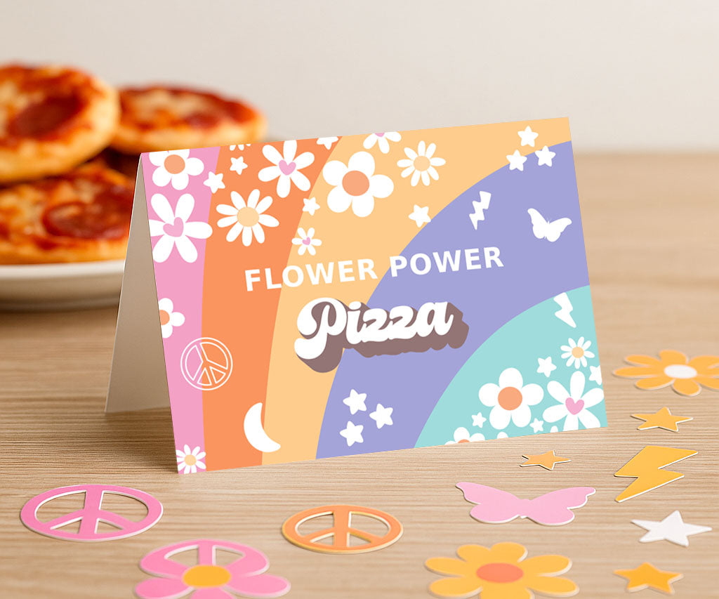 Groovy birthday party food tent card: flower power pizza.