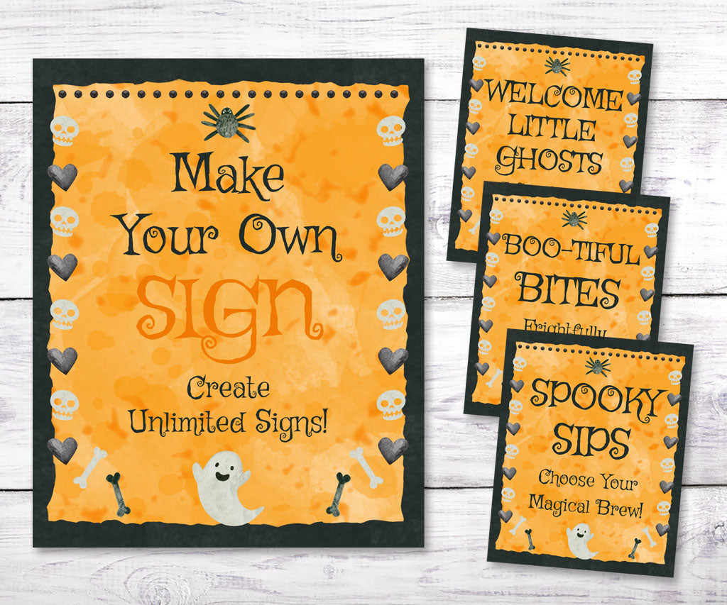 Halloween custom sign template with ghosts, spiders, skull & hearts border.