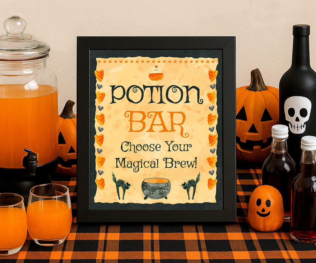 Halloween drink station sign printable with black cats, cauldron, potion bottle and hearts border.