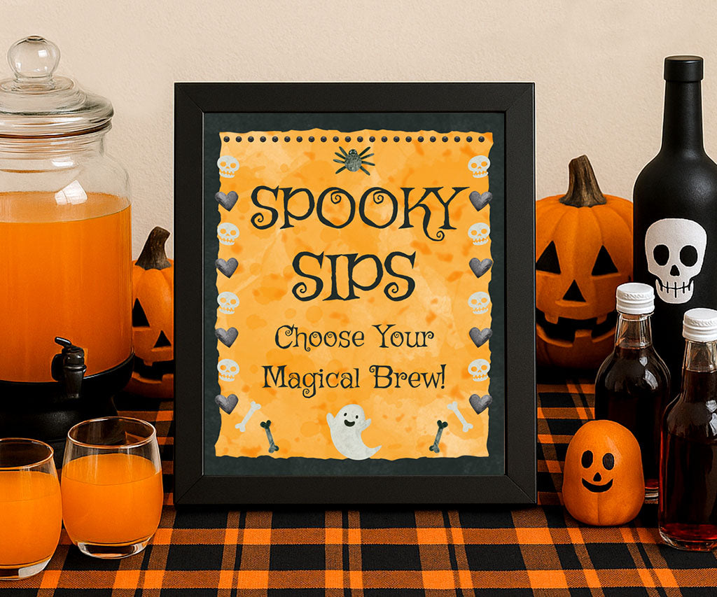 Halloween drink table sign printable with ghosts, and a skull & hearts border.