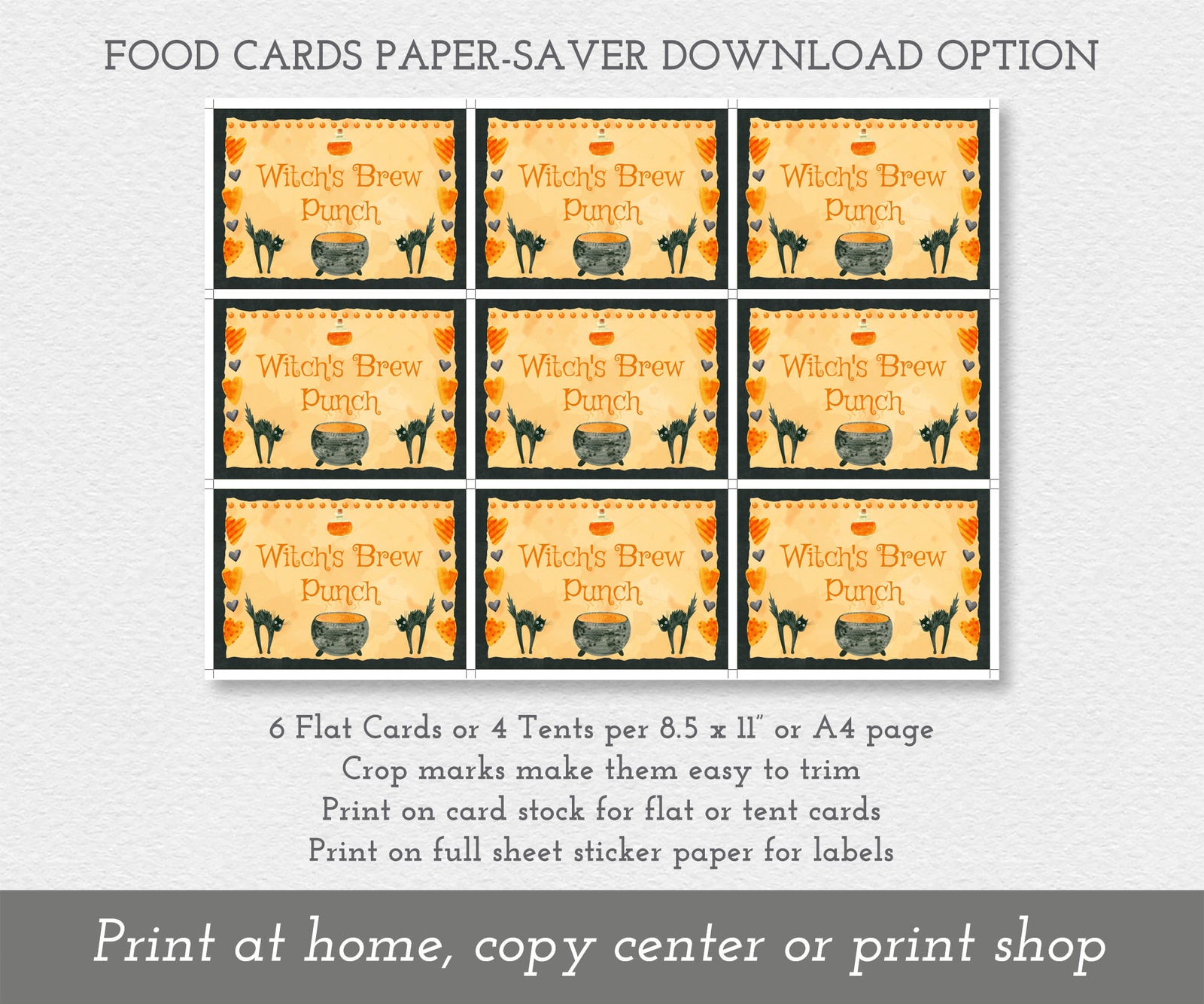 Full sheet of Halloween food cards with black cats and witch's cauldron.