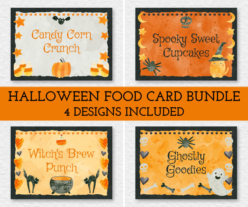 Bundle of four Halloween food card designs featuring cute and spooky Halloween graphics: ghost, cats, skulls, candy, hearts, moon & stars.