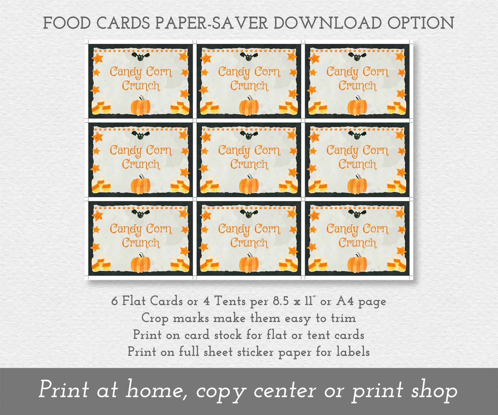 Halloween food cards with candy corn, stars and pumpkin on a paper saving full sheet.