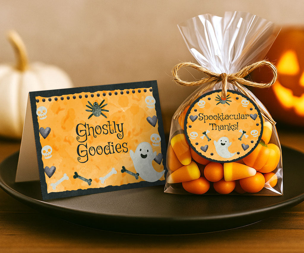 Halloween food card and round favor tag bundle with a cute ghost, bones and skulls.