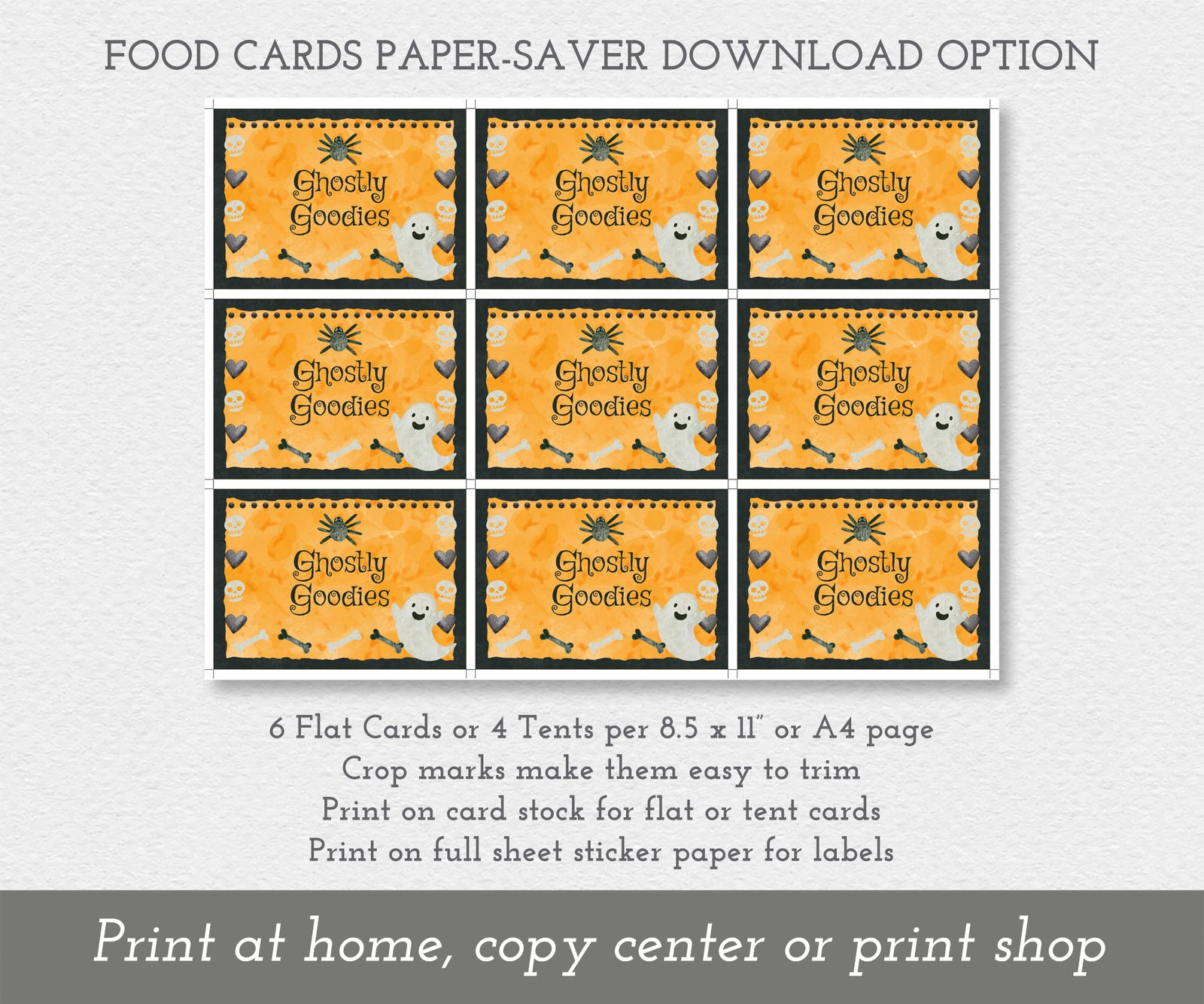 Paper saver full sheet of Halloween food cards with ghosts, bones, hearts and skulls.