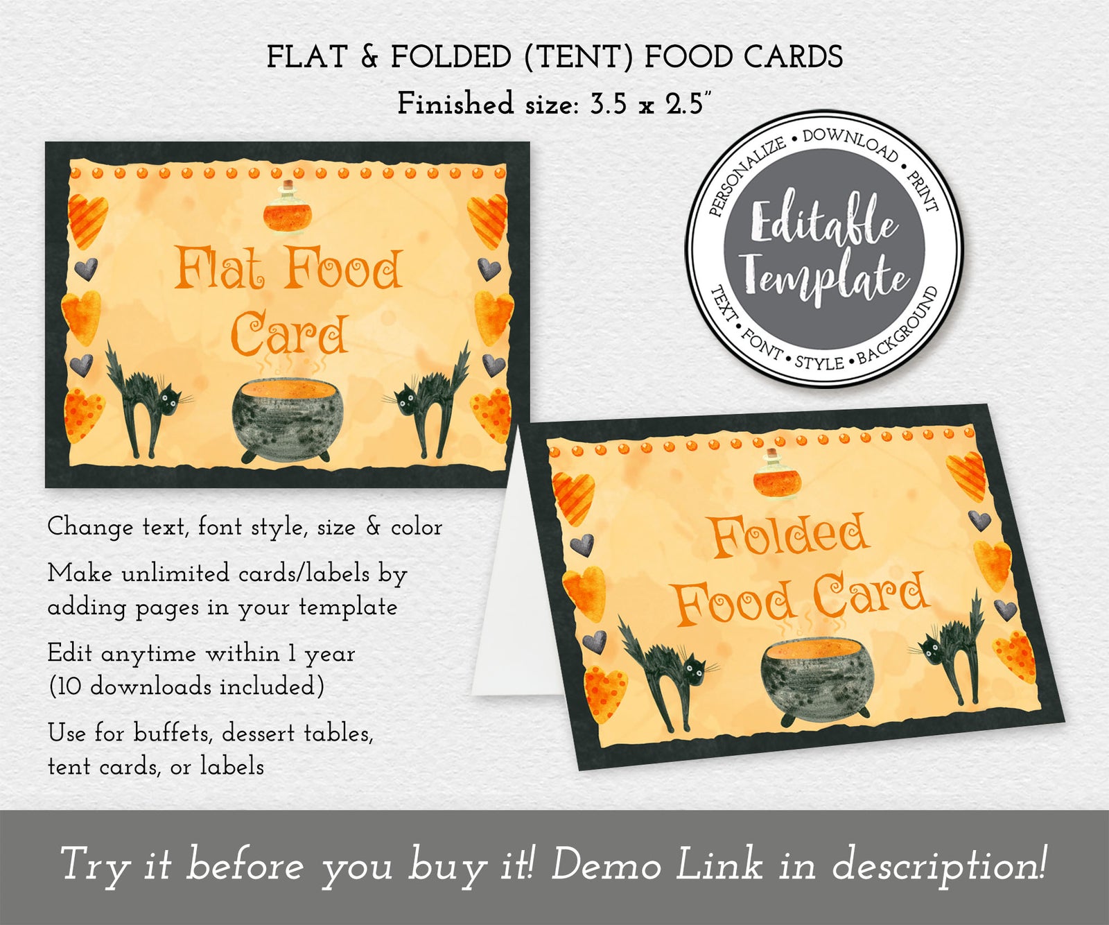 Halloween food card templates, flat and folded, with black cats and a witch's cauldron.