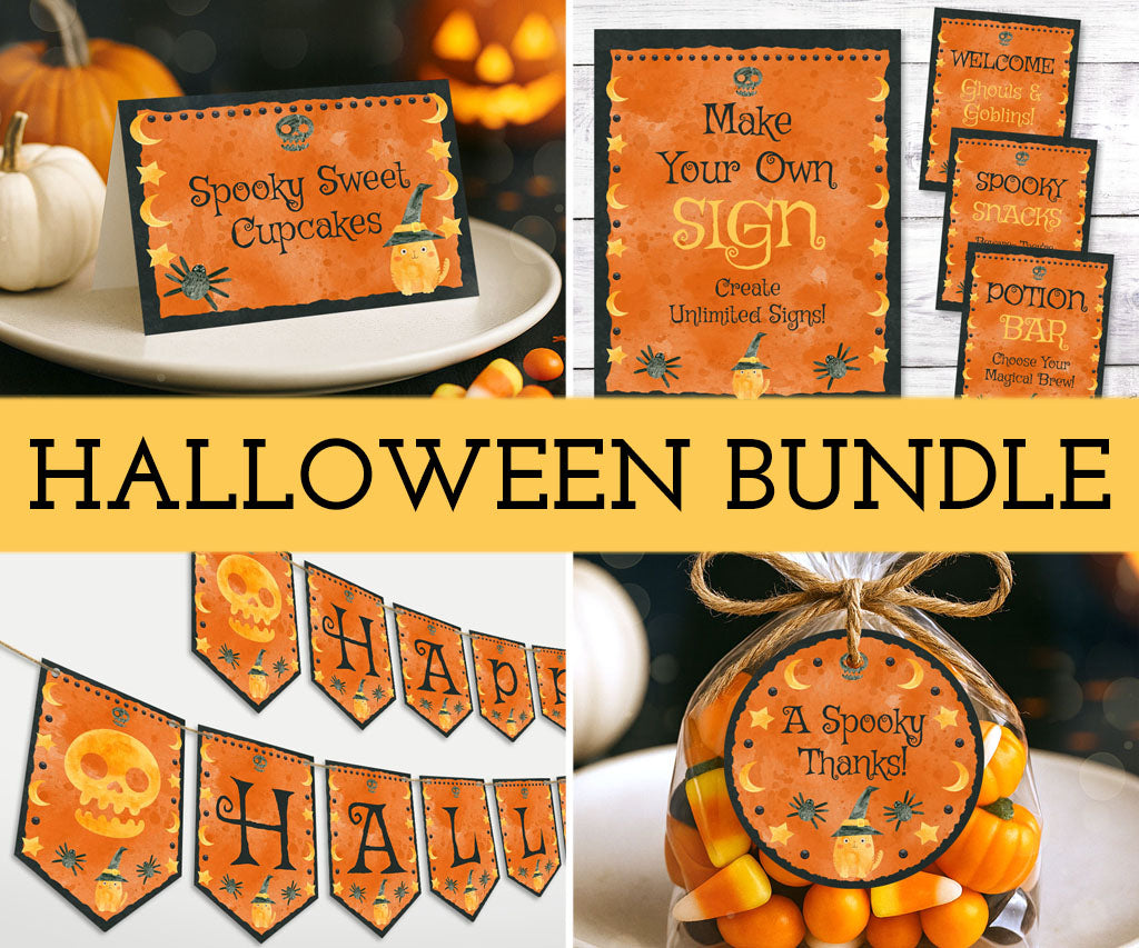 Printable Halloween food cards, favor tags, banner and signs with a whimsical witchy cat, spiders, skull, moon & star border.