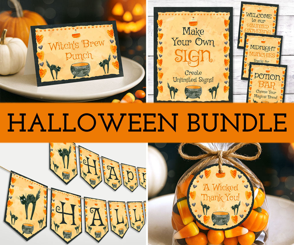 Halloween food cards, favor tags, banner and sign printables bundle with black cats, cauldron, potion bottle and hearts border.