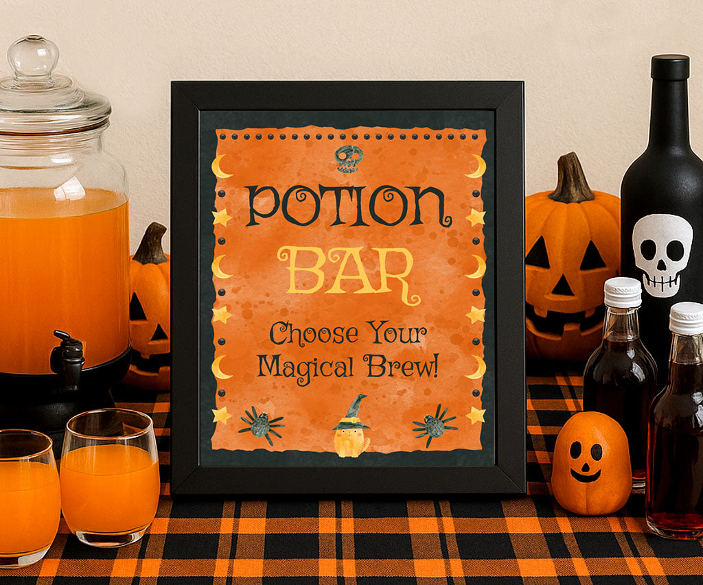 Halloween potion bar sign printable with a cute witchy cat and moon & stars border.