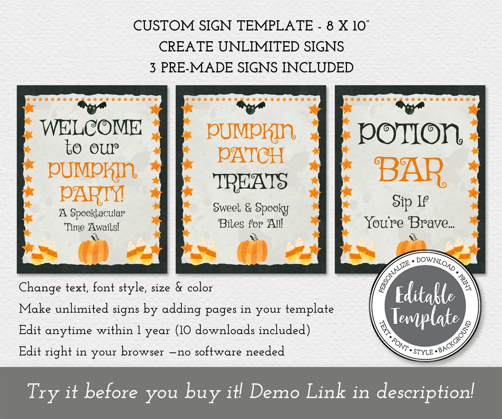 Halloween signs: welcome, treats and drinks editable sign templates.