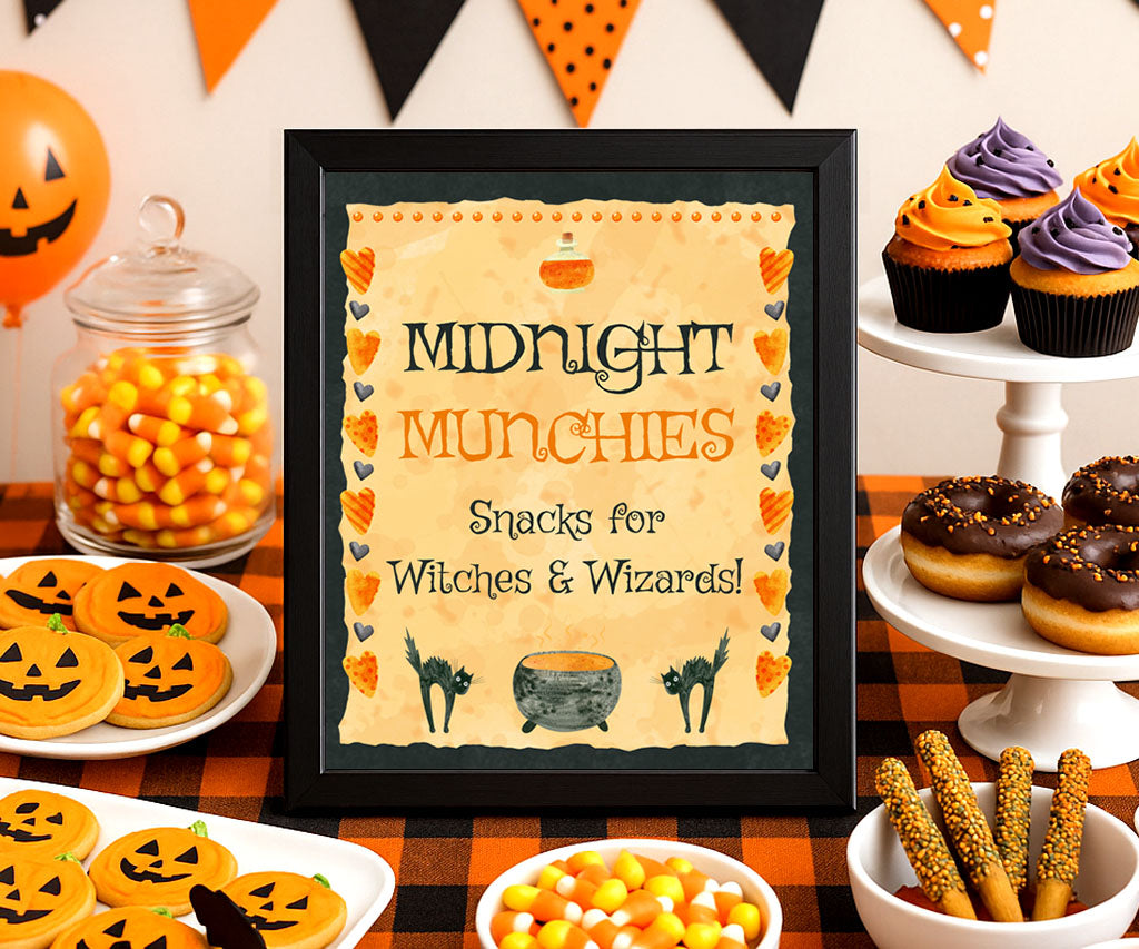 Halloween treat table sign printable with black cats, cauldron, potion bottle and hearts border.