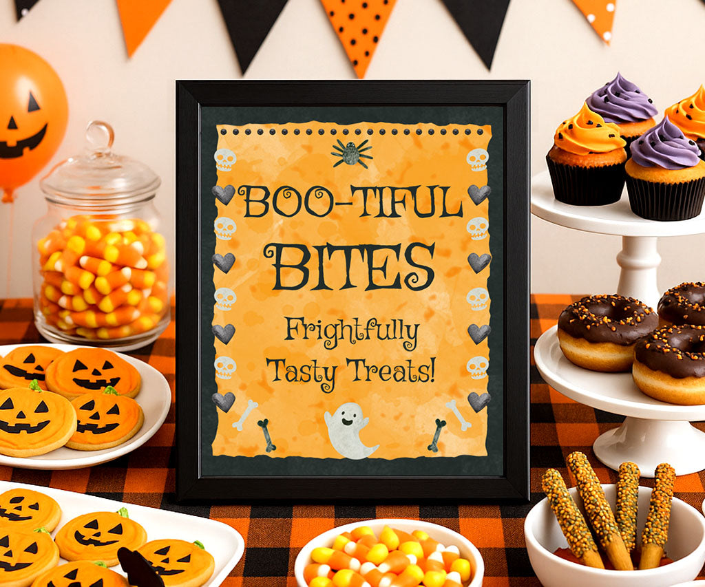 Halloween food table sign printable with ghosts, and a skull & hearts border.
