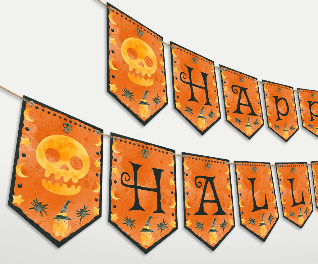 Happy Halloween banner printable with skull, witchy cat, spiders, moon & stars.