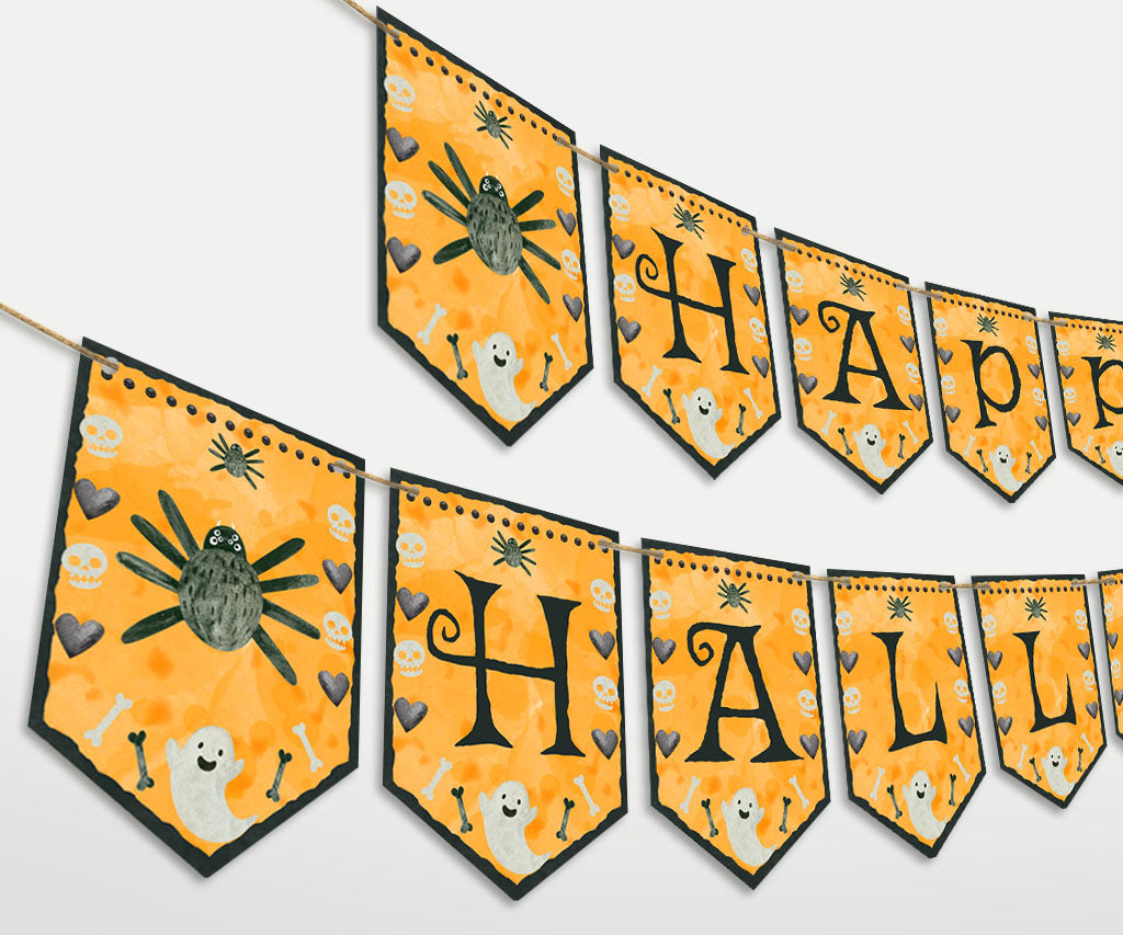 Happy Halloween banner printable with cute ghosts, spiders and a skull & hearts border.
