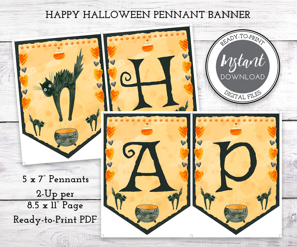 Happy Halloween banner instant download with black cats, cauldron, whimsical hearts and potion bottle.