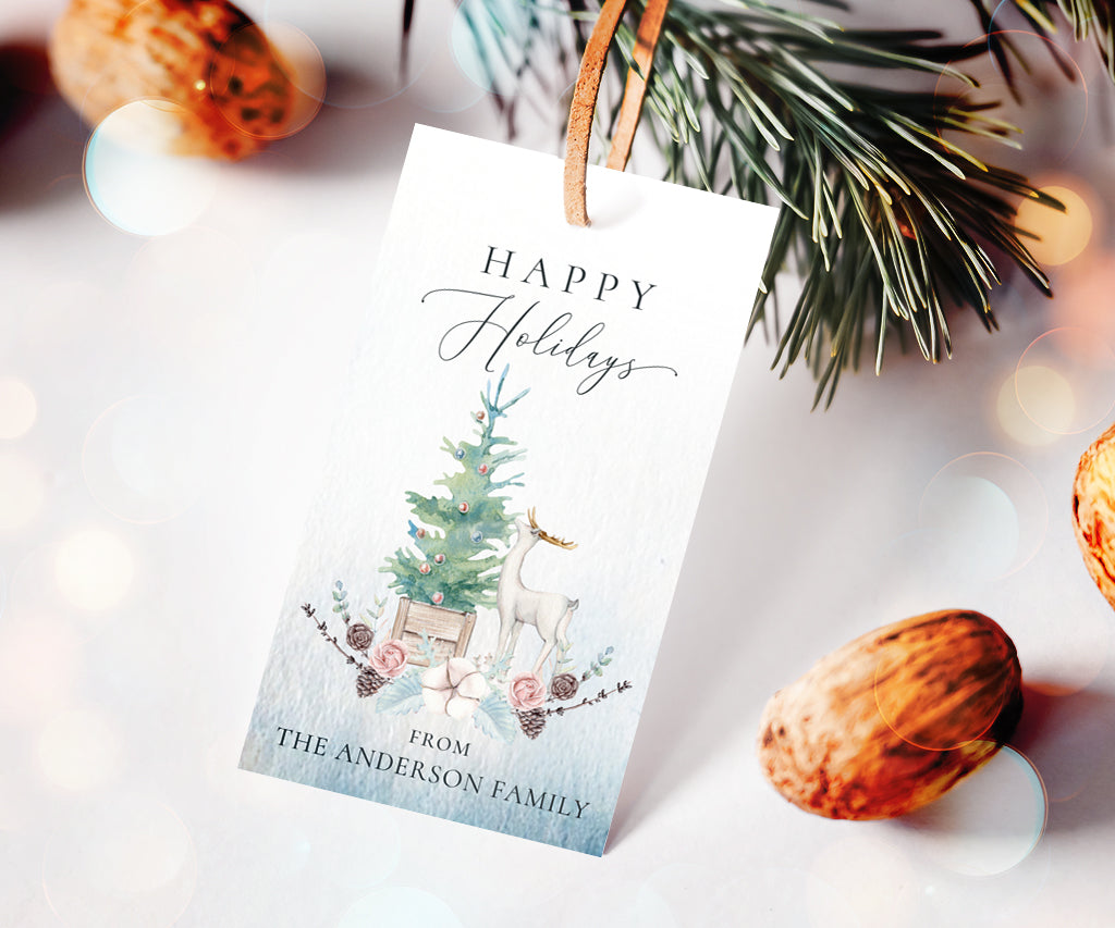 Happy Holidays deer Christmas tree gift tag template.
