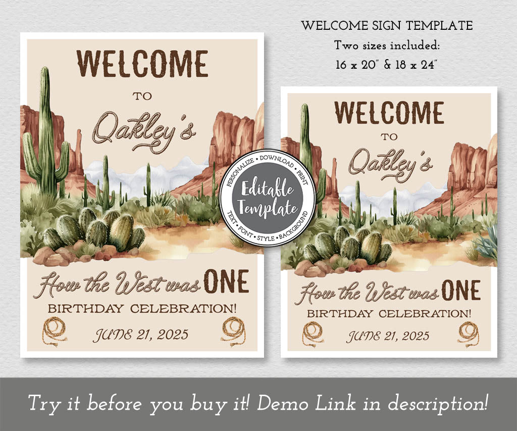 How the west was ONE cowboy birthday welcome sign editable template.