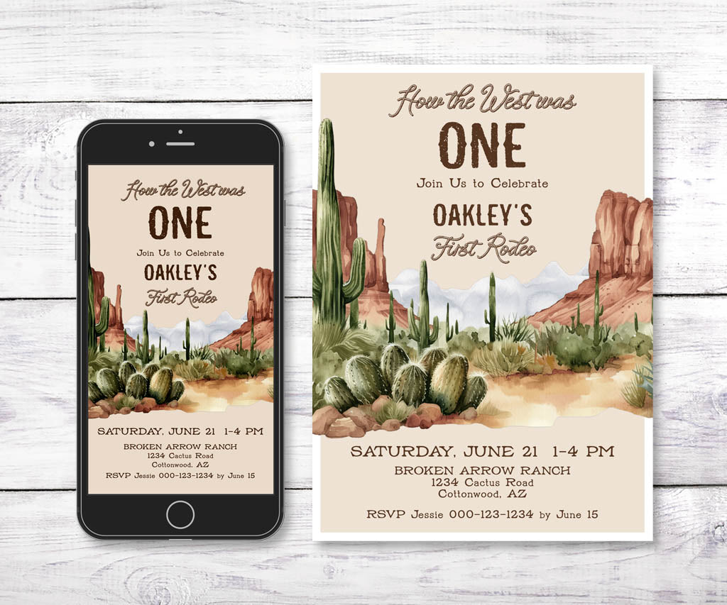 How the west was ONE first rodeo birthday invitation and evite.