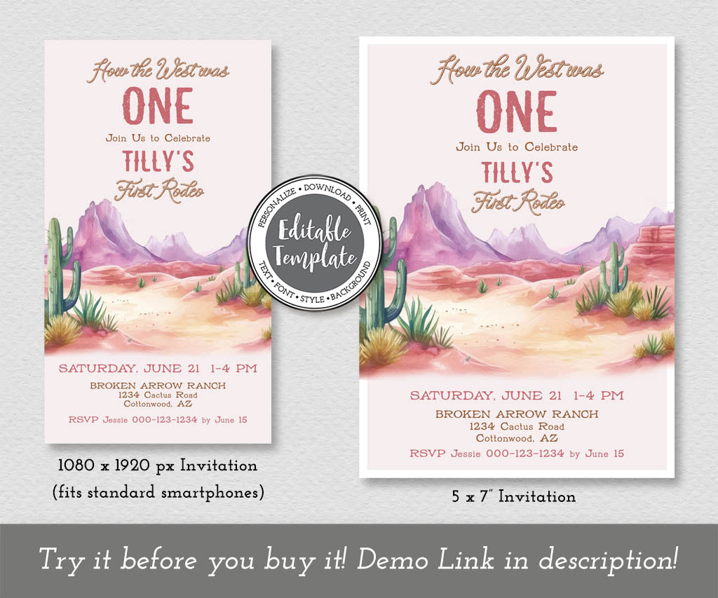 How the west was ONE girl's first rodeo birthday invitation and smart phone evite editable templates.