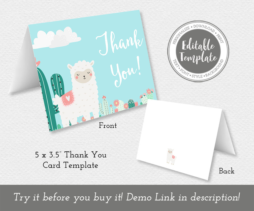 Llama baby shower folded thank you card template.