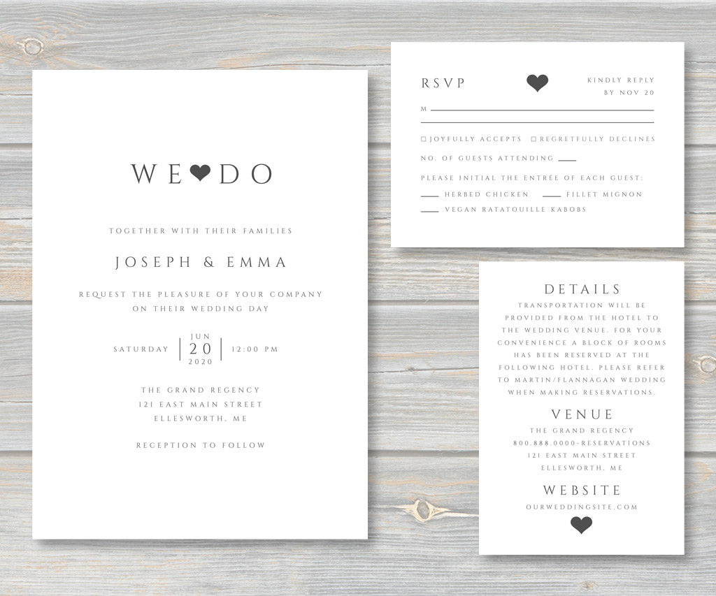 Minimal wedding invitation, rsvp card, details card.