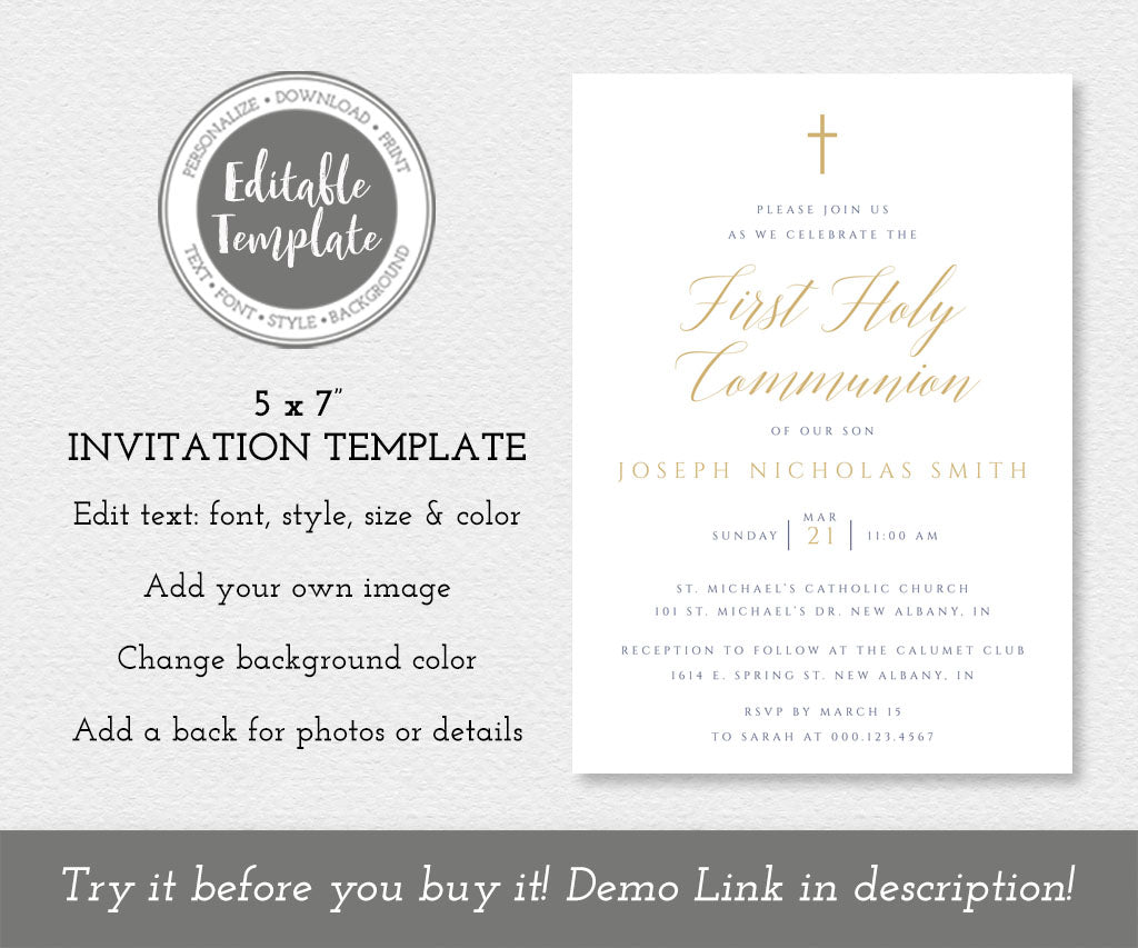 Modern minimalist first holy communion invitation template with gold cross and navy blue text.