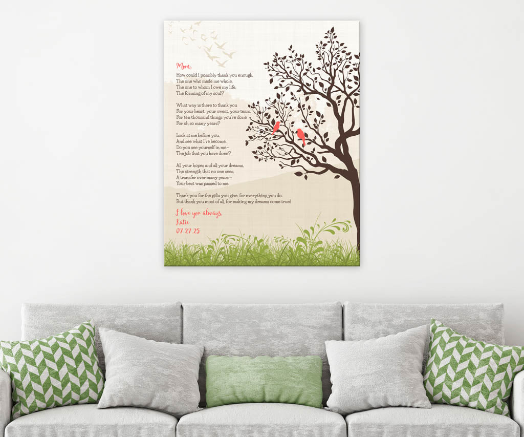 Mom appreciation poem with brids in a tree print on a wall above a sofa.