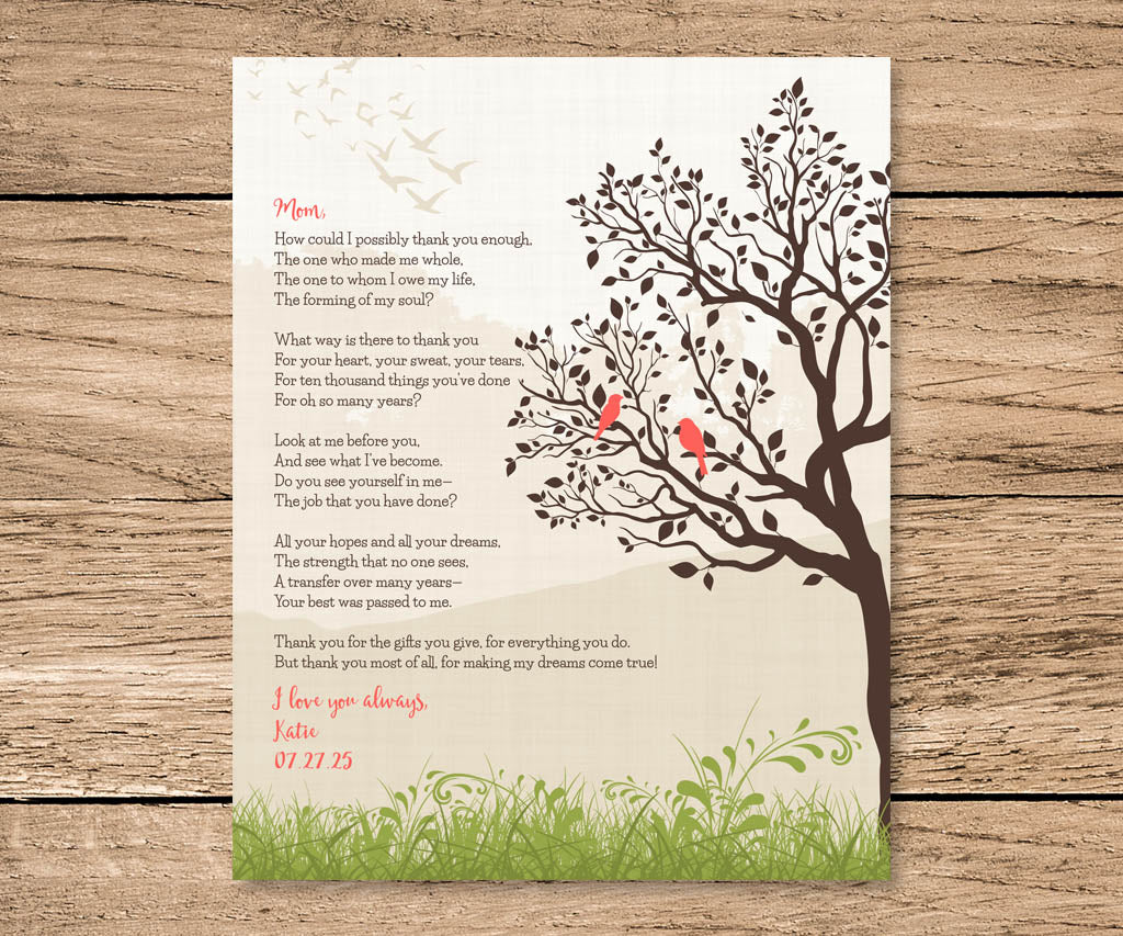 Mom appreciation poem with tree and birds printable.