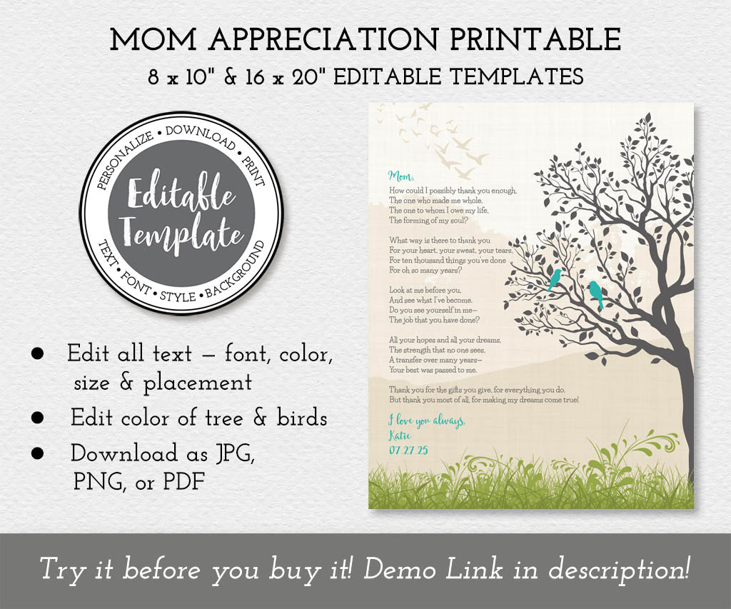 Mom appreciation printable with poem, tree and birds, editable template.