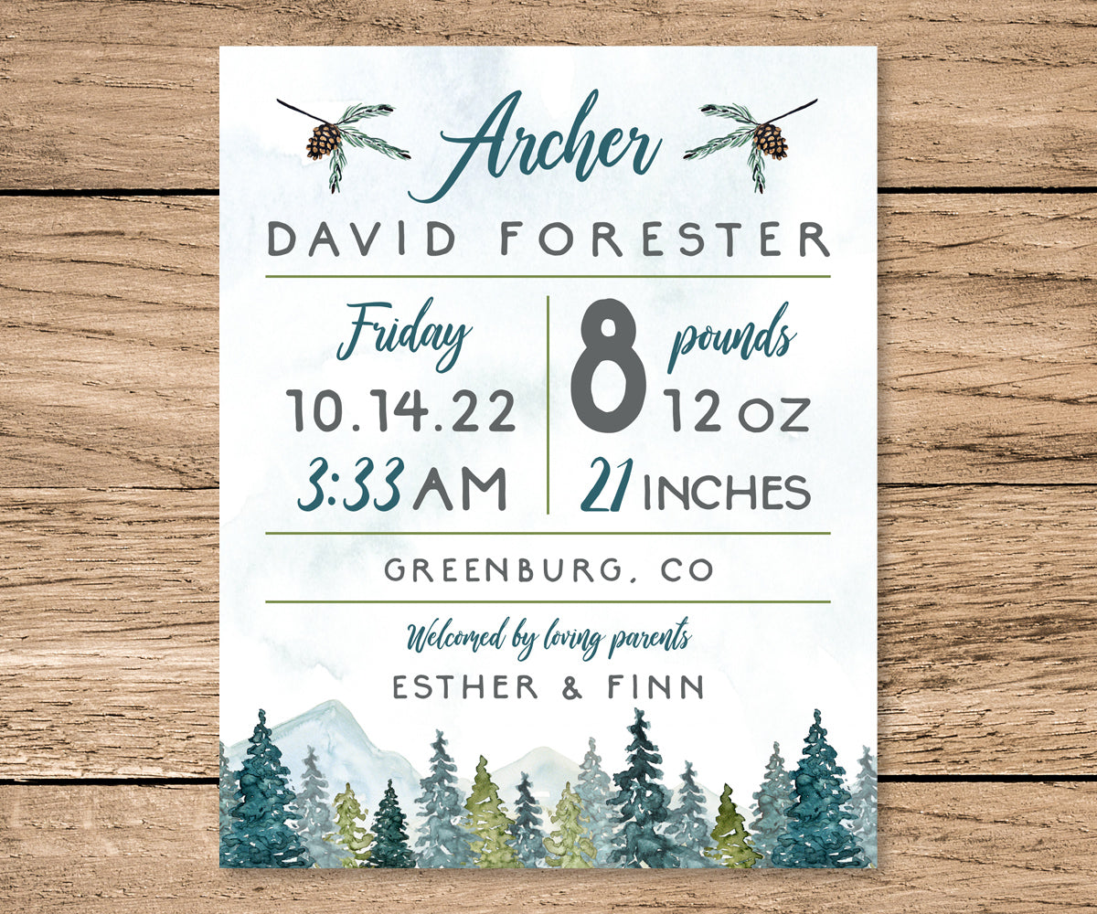 mountain and trees adventure birth stats sign