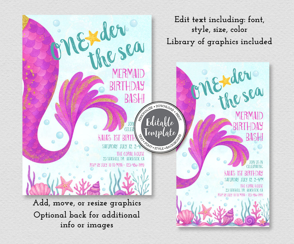 ONEder the sea first birthday invitation and evite editable templates for mermaid birthday bash.