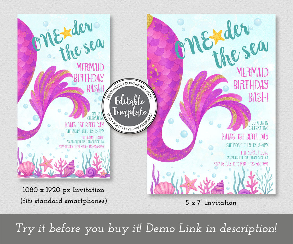 ONEder the sea first birthday invitation and evite templates for mermaid birthday bash.