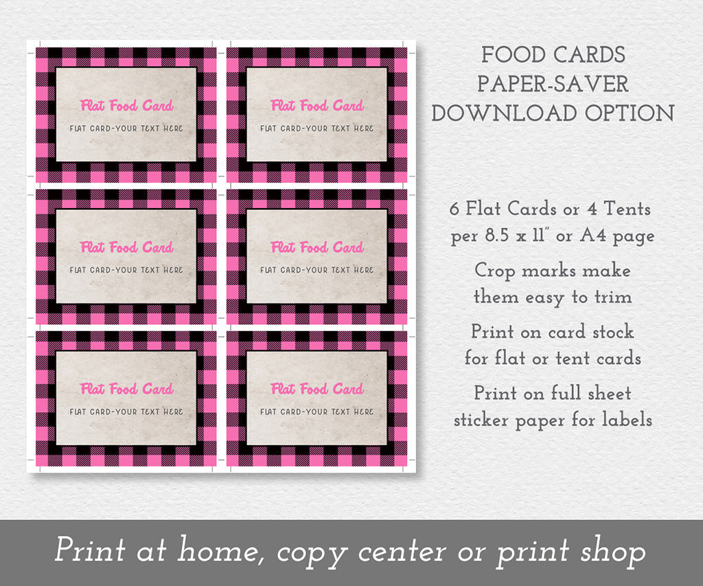 Paper saving download option for pink buffalo plaid food label printable sheet.