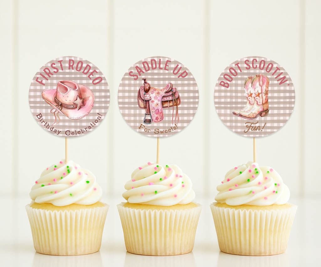 Pink and brown plaid birthday cupcake toppers: First Rodeo, Saddle Up and Boot Scootin designs.